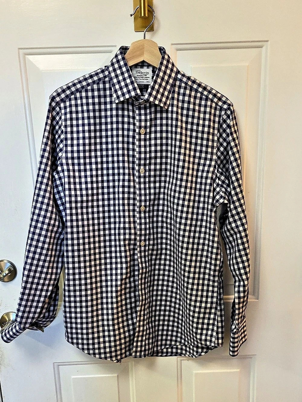 TM Lewin Slim Fit Non-Iron Shirt Gingham Cotton Shirt Blue & White Size 151⁄2